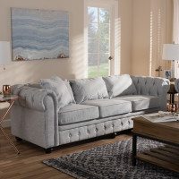 Baxton Studio RX1616-Gray-SF Alaise Modern Classic Grey Linen Tufted Scroll Arm Chesterfield Sofa